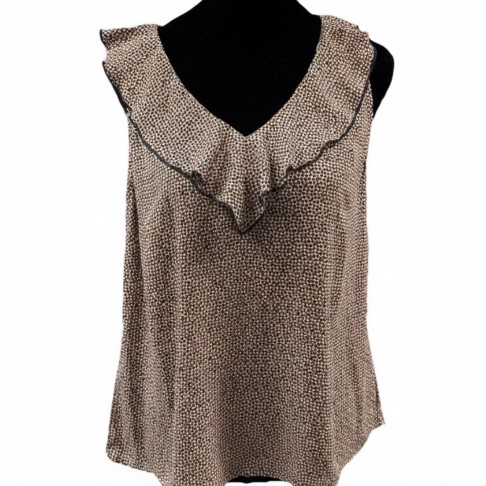 Cabi Ruffle Coquette Style Sleeveless Blouse‎ Small Tan Black Star Print Office